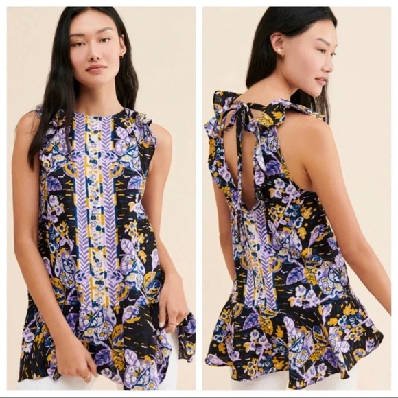 NEW FREE PEOPLE SUMMER TULUM TUNIC PURPLE/GOLD FLORAL OPEN BACK SIZE XS/S NWT - Picture 1 of 9